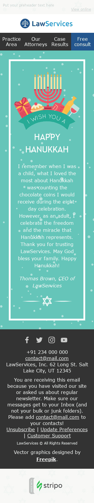 Modelo de E-mail de «Festival de Luzes» de Hanukkah para a indústria de Jurídico Visualização de dispositivo móvel