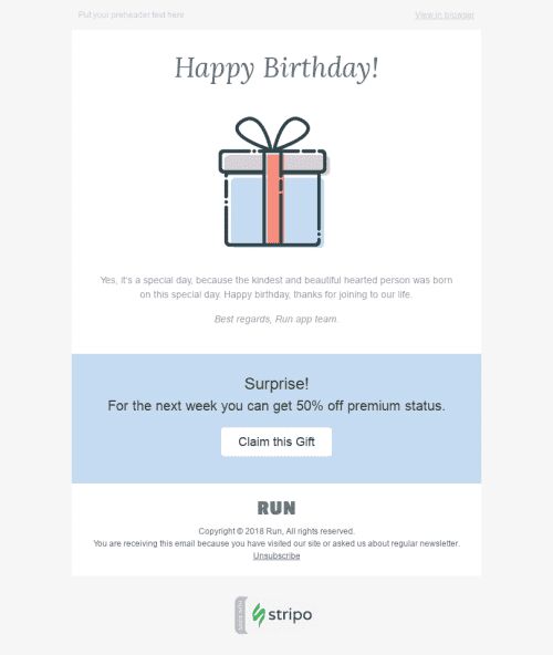Modelo de E-mail de «Surpresa» de Aniversário para a indústria de Software e Tecnologia Visualização de dispositivo móvel