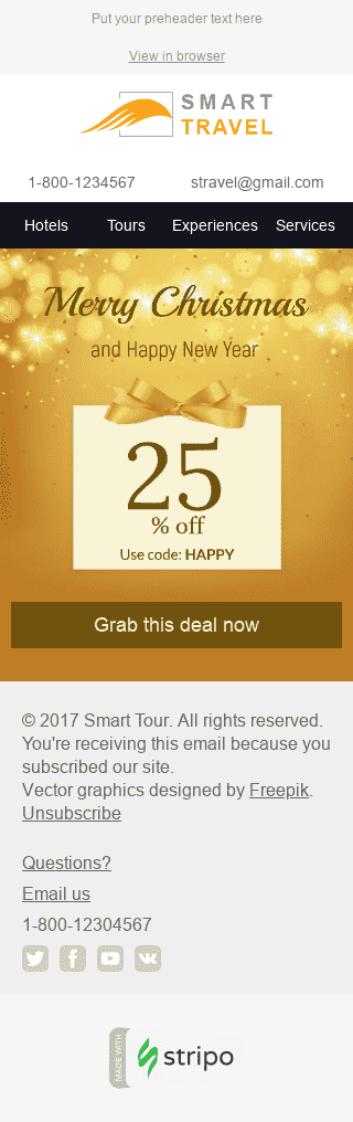Modello Email Natale "Coriandoli d'oro" per il settore industriale di Turismo Visualizzazione mobile