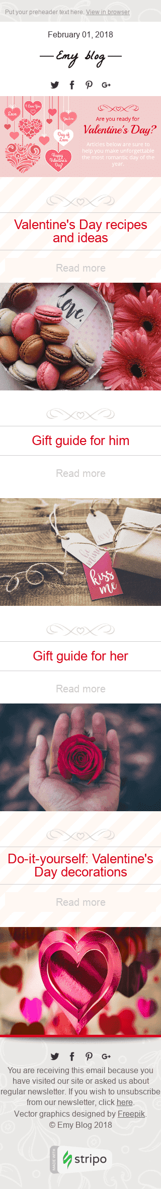 Modello Email San Valentino "La guida per romantici" per il settore industriale di Editoria e blog Visualizzazione mobile