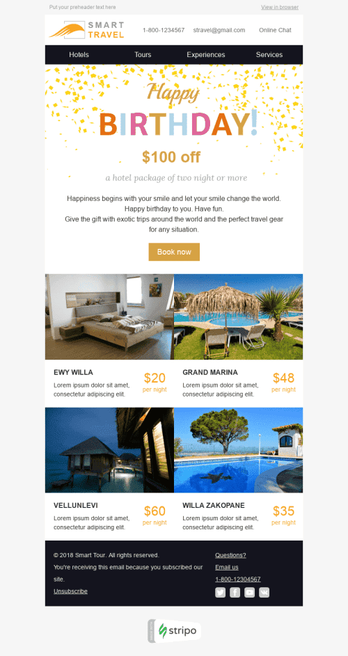 Modèle de courrier électronique Anniversaire "Voyage parfait" pour le secteur Tourisme Affichage ordinateur