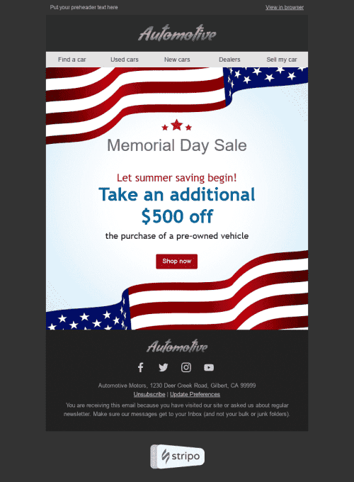 Modello Email Memorial Day "Rosso e bianco" per il settore industriale di Auto e moto Visualizzazione mobile