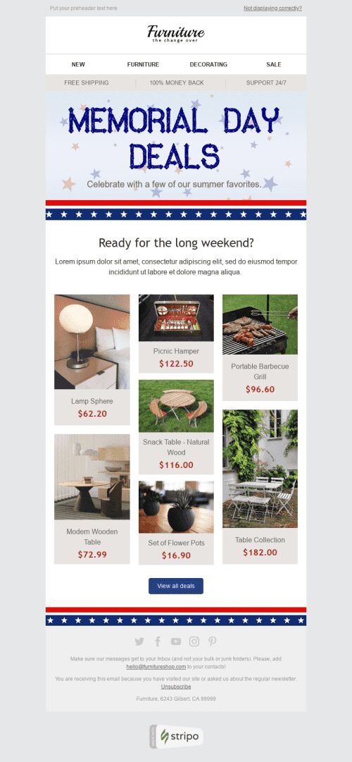 Memorial Day E-Mail-Vorlage "Guter Deal" für Möbel, Innenausstattung & DIY-Branche Ansicht auf Mobilgeräten