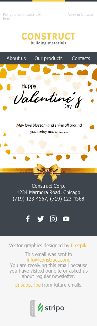 Modèle de courrier électronique Saint Valentin "Salutation brillante" pour le secteur Construction Affichage mobile