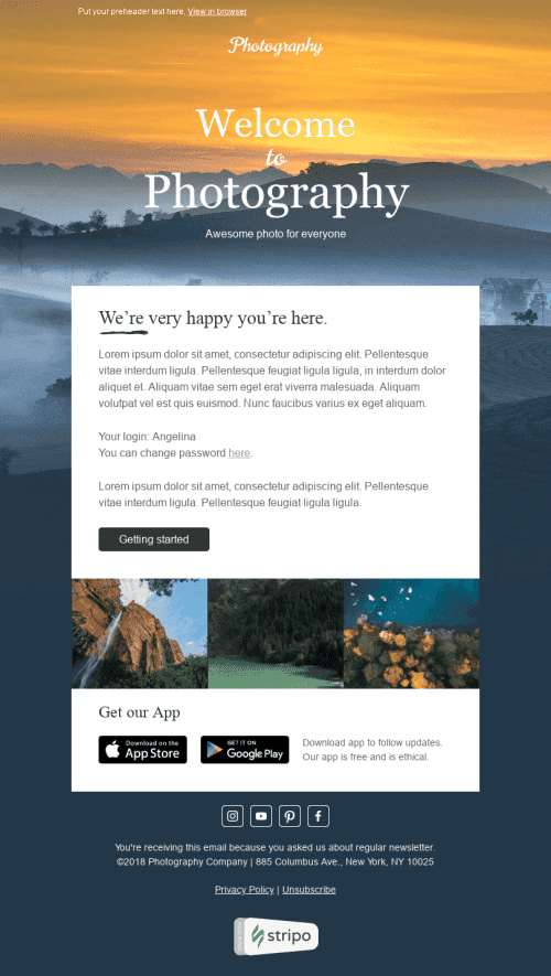 Welcome Email Template "Dawn" for Photography industrydesktop view