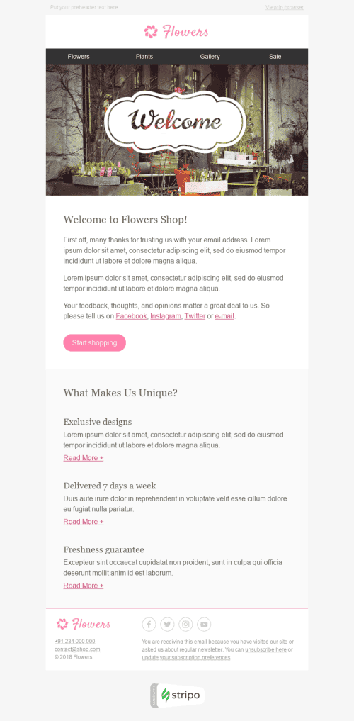 Welcome Email Template "Beautiful Bouquets" for Gifts & Flowers industrydesktop view
