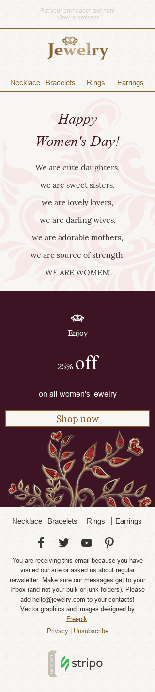 Шаблон письма к празднику Женского дня "Прекрасные слова" для индустрии "Ювелирные изделия и Украшения" мобильный вид