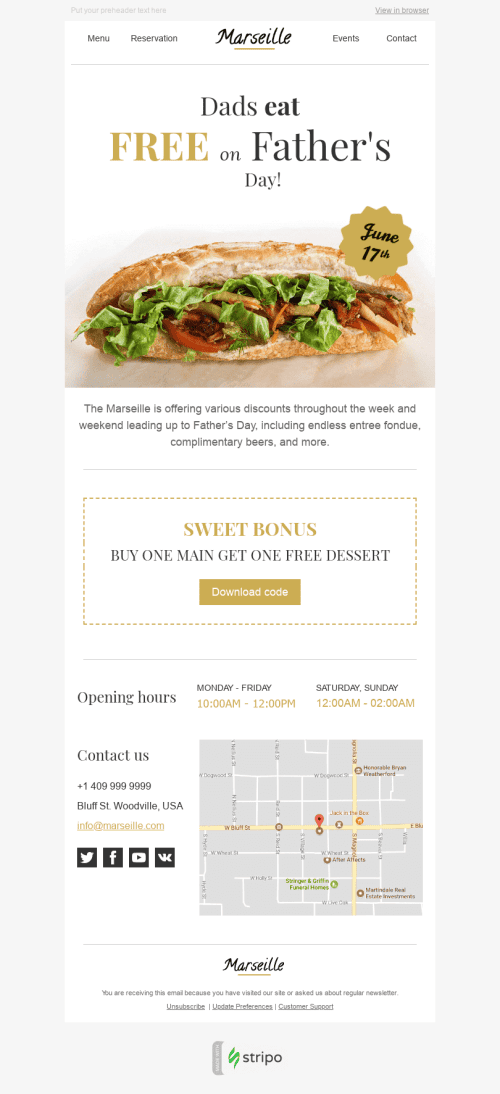 Vatertag E-Mail-Vorlage "Süßer Bonus" für Restaurants-Branche Desktop-Ansicht