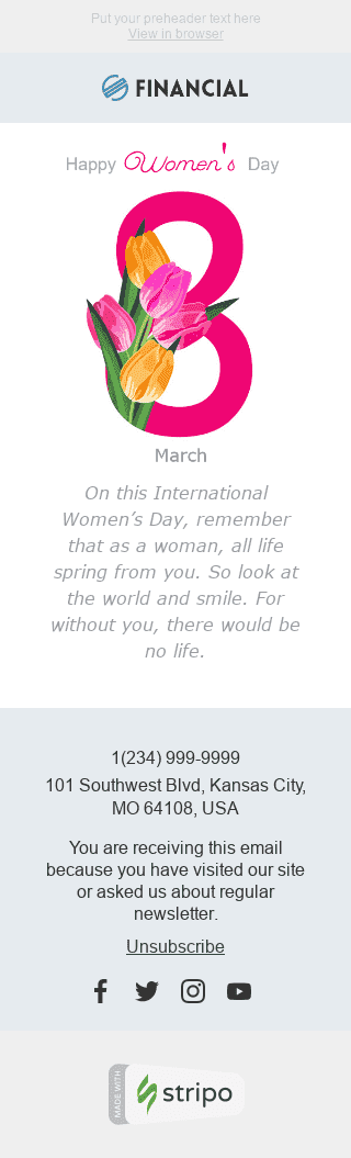 Шаблон письма к празднику Женского дня "Улыбка в подарок" для индустрии "Финансы" мобильный вид