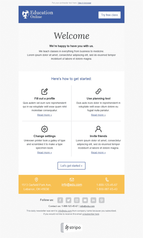 Welcome Email Template "Necessary Knowledge" for Education industrydesktop view