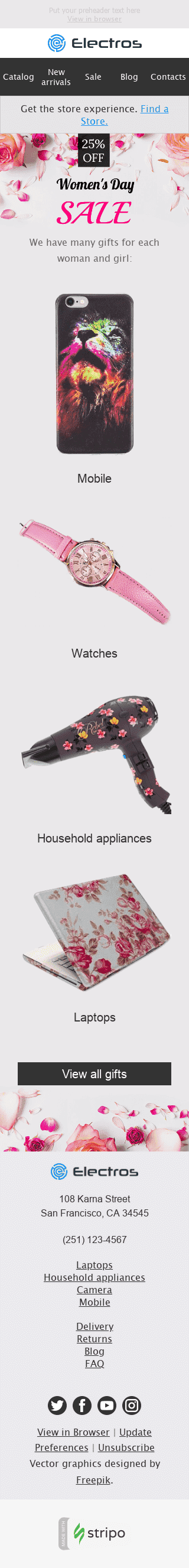 Weltfrauentag E-Mail-Vorlage "Blumenschmuck" für Elektronik & Gadgets-Branche Ansicht auf Mobilgeräten