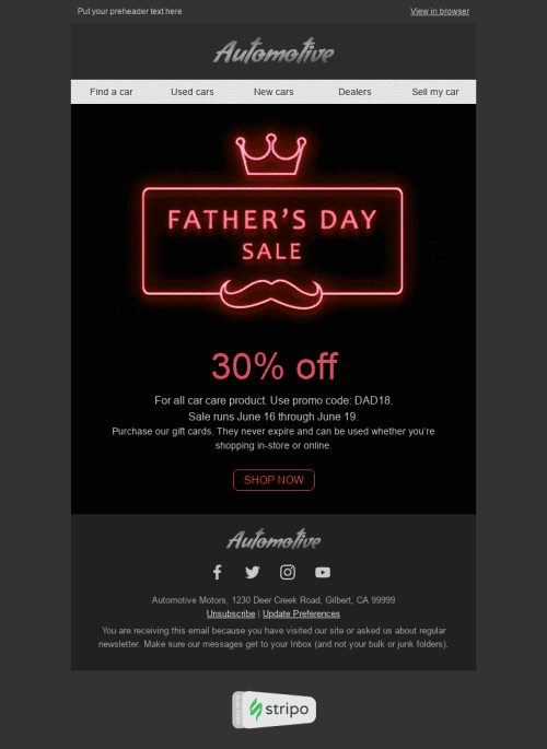 Modelo de E-mail de «Néon» de Dia dos Pais para a indústria de Automóveis e motocicletas Visualização de desktop