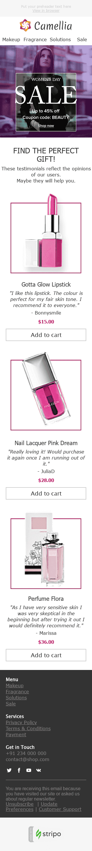 Modelo de E-mail de «Cor Perfeita» de Dia da Mulher para a indústria de Beleza e Cuidados Pessoais Visualização de dispositivo móvel