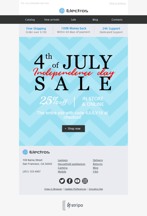 Modelo de E-mail de «4 de Julho» de Dia da Independência para a indústria de Gadgets Visualização de dispositivo móvel