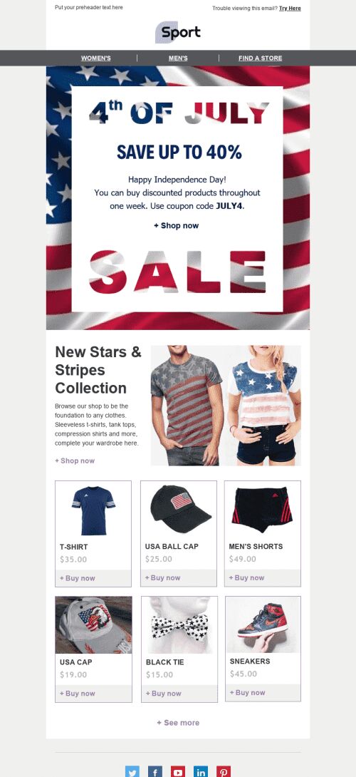Modello Email Giorno dell’Indipendenza "Stelle e strisce" per il settore industriale di Sport Visualizzazione mobile