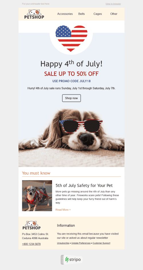 Independence Day Email Template "Stylish Dog" for Pets industry mobile view