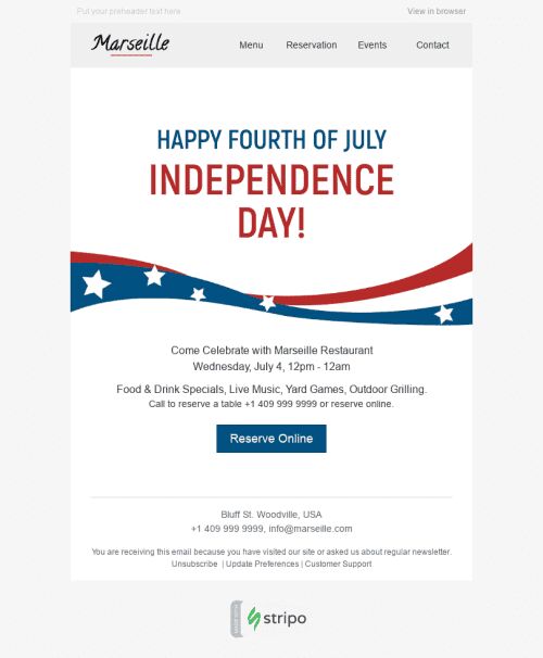 Independence Day E-Mail-Vorlage "Leckeres Essen" für Restaurants-Branche Ansicht auf Mobilgeräten