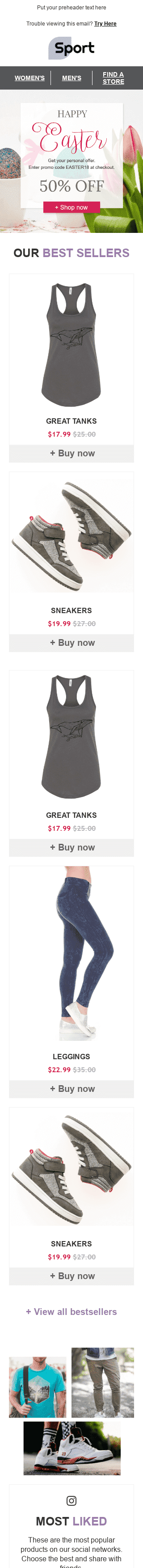 Modelo de E-mail de «Dia Vibrante» de Páscoa para a indústria de Esportes Visualização de dispositivo móvel