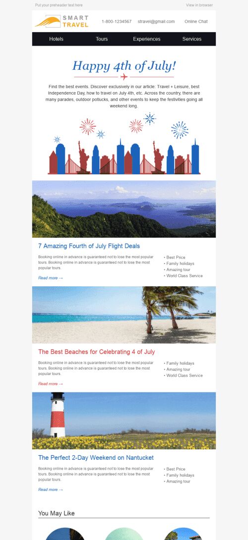 Modèle de courrier électronique Jour de Independence "Explorez l'Amérique" pour le secteur Tourisme Affichage mobile