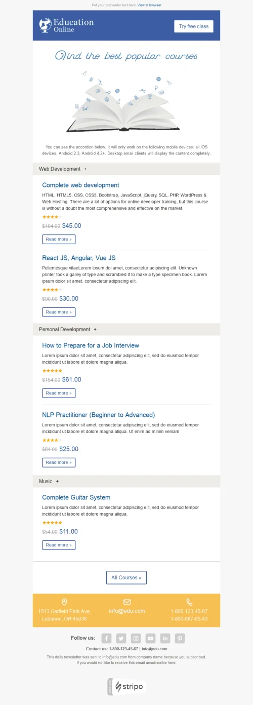 Interactive Email Template "Top Courses" for Education industry