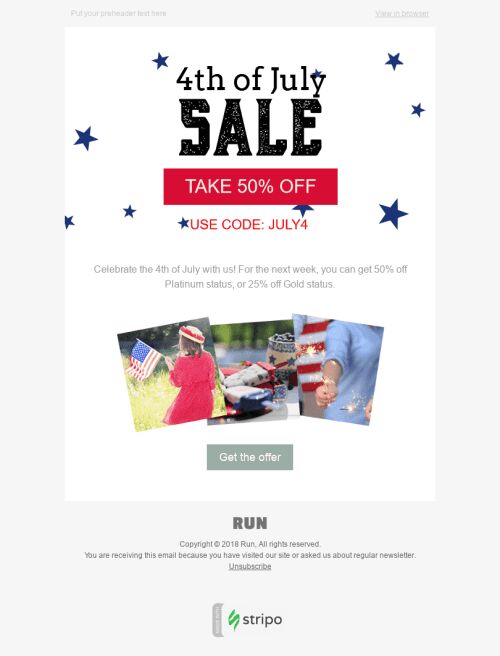 Modelo de E-mail de «Grande Desconto» de Dia da Independência para a indústria de Software e Tecnologia Visualização de dispositivo móvel