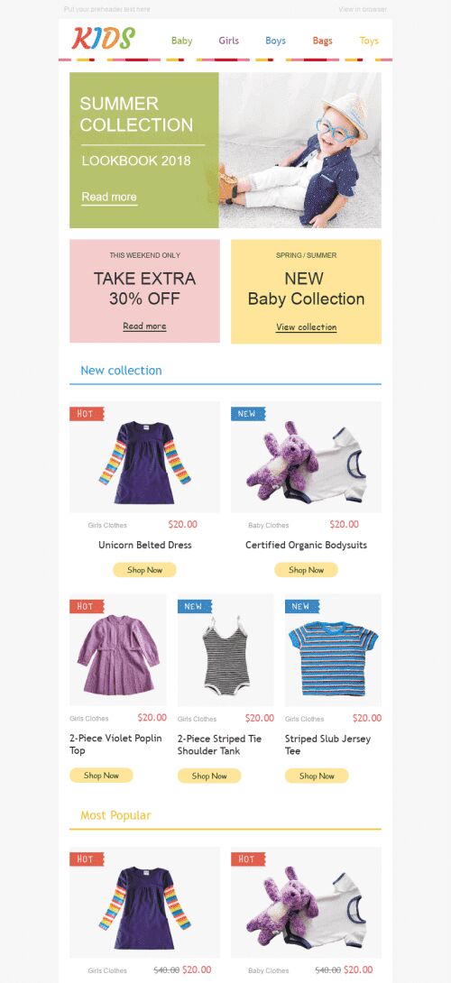 Modello Email Promo "Bei vestiti" per il settore industriale di Prodotti per bambini Visualizzazione mobile