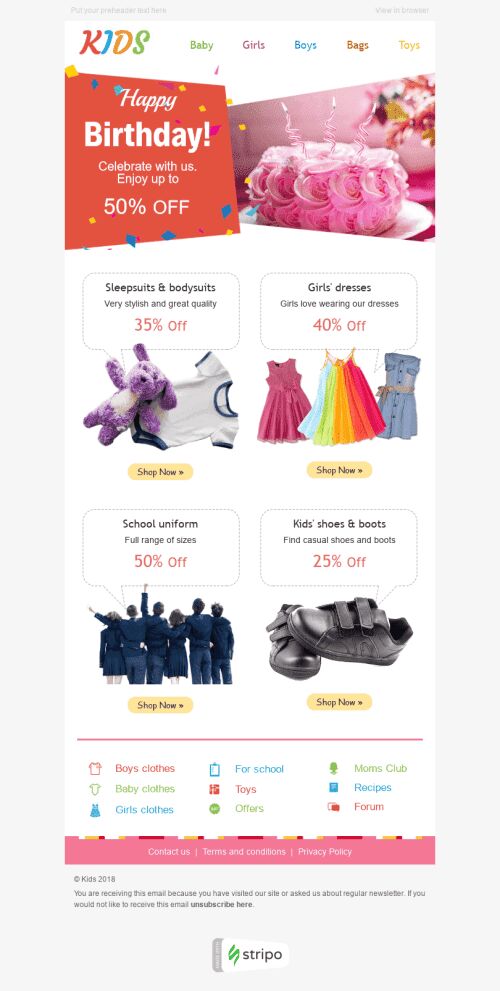 Modello Email Compleanno "Sconti speciali" per il settore industriale di Prodotti per bambini Visualizzazione mobile