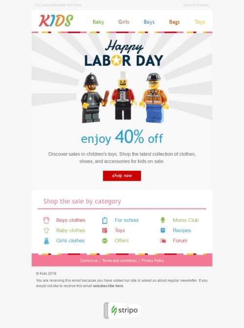 Modello Email Festa del lavoro "Tutto in vendita" per il settore industriale di Prodotti per bambini Visualizzazione mobile