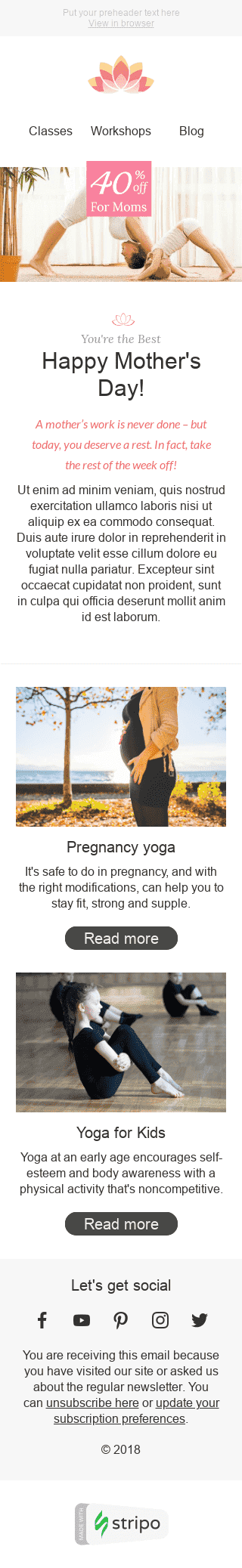 Muttertag E-Mail-Vorlage "Schönheit und Gesundheit" für Sport-Branche Ansicht auf Mobilgeräten