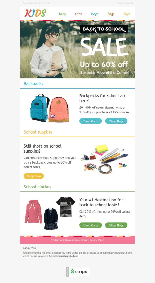 Modèle de courrier électronique Rentrée des Classes "Heure de la vente" pour le secteur Produits pour Enfants Affichage mobile