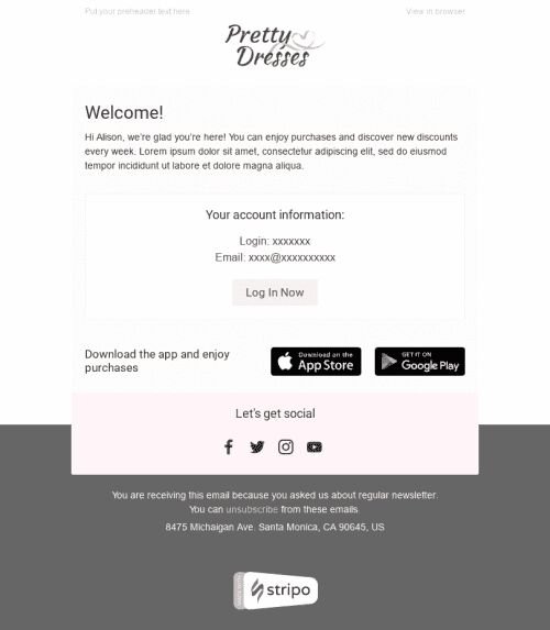 Willkommen E-Mail-Vorlage "Kontoinformation" für Mode-Branche Ansicht auf Mobilgeräten