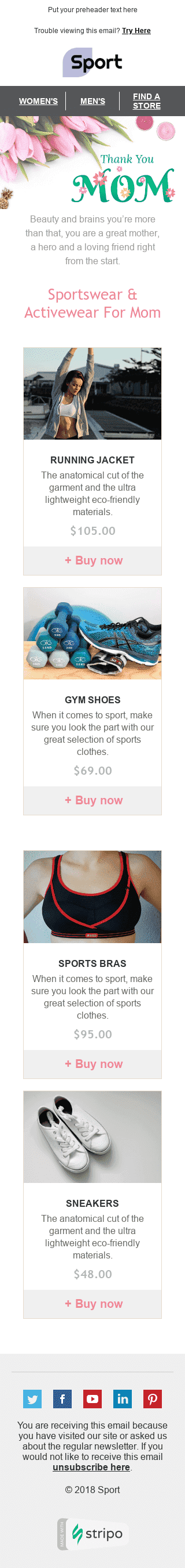 Modèle de courrier électronique Fête des Mères "Vêtements confortables" pour le secteur Sports Affichage mobile