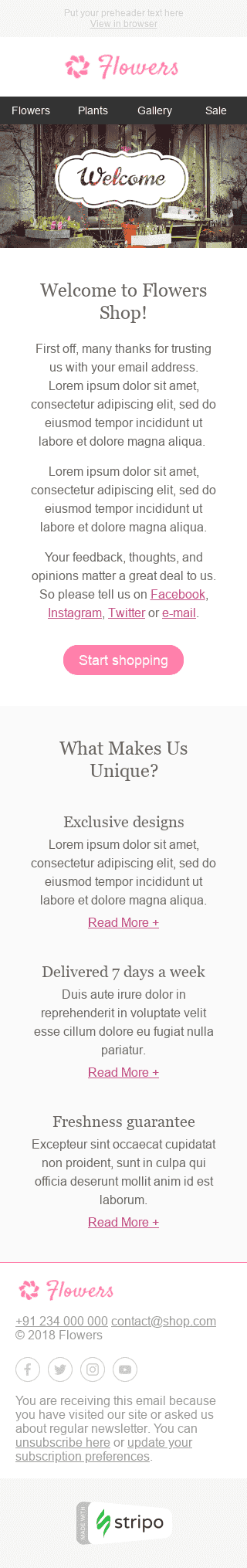 Шаблон листа з привітанням клієнта після реєстрації "Красиві букети" для індустрії "Подарунки та Квіти" мобільний вигляд