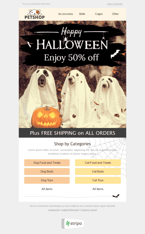 Halloween Email Template "Nice Ghosts" for Pets industry desktop view