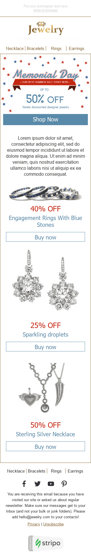 Modelo de E-mail de «Liquidação de Verão» de Memorial Day para a indústria de Joalheria Visualização de dispositivo móvel