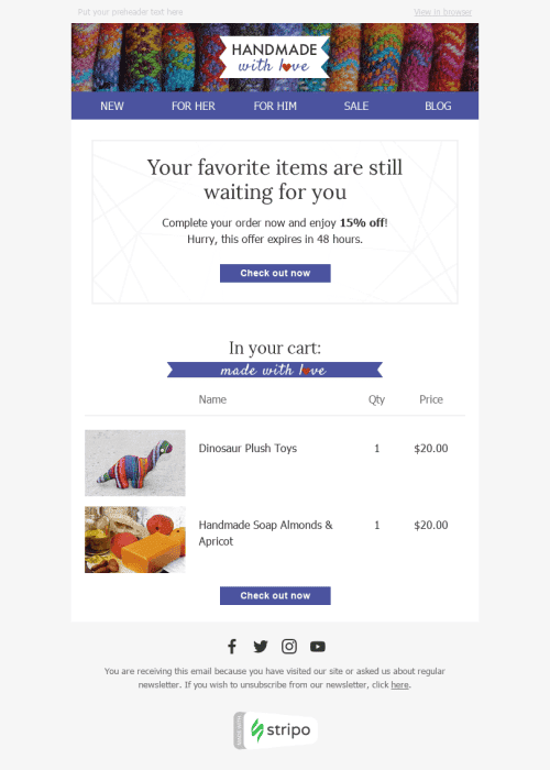 Abandoned Cart Email Template "Favorite Items" for Books & Presents & Stationery industry mobile view
