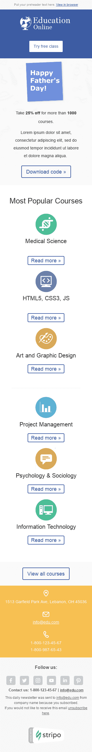 Plantilla de correo electrónico "La mejor oferta" de Día del Padre para la industria de Educación Vista de móvil