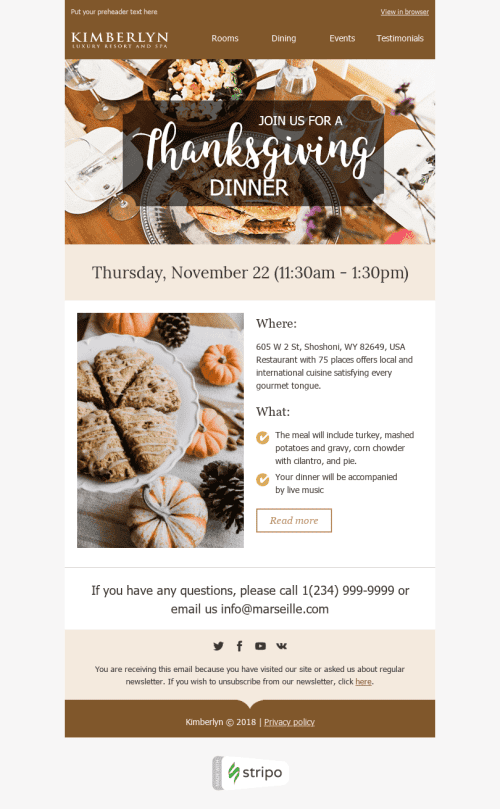 Thanksgiving Day Email Template "Delicious Dinner" for Hotels industry mobile view