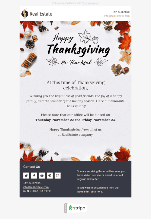 Thanksgiving Day E-Mail-Vorlage "Wunderbare Zeit" für Immobilien-Branche Desktop-Ansicht