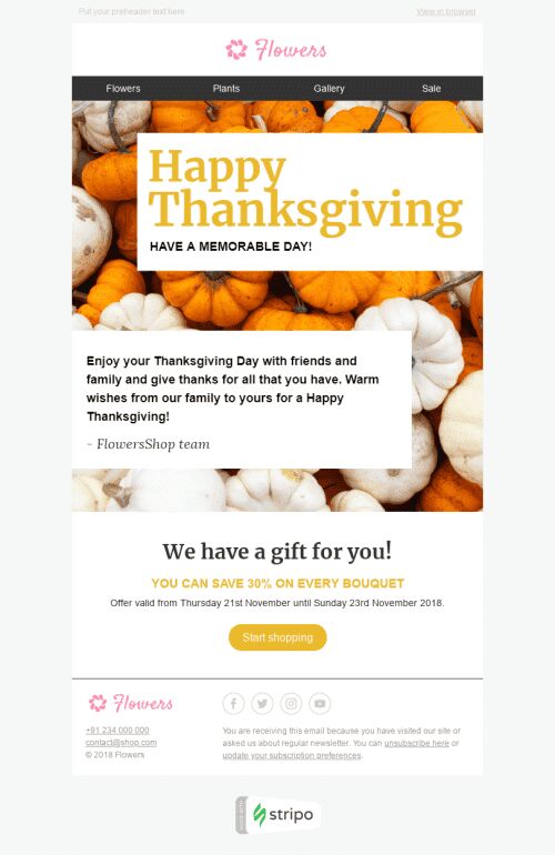 Plantilla de correo electrónico "Día memorable" de Día de Acción de Gracias para la industria de Regalos y flores Vista de móvil