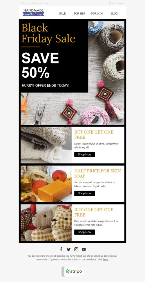 Modello Email Black Friday "Vendita di fine settimana" per il settore industriale di Libri, regali e cancelleria Visualizzazione mobile
