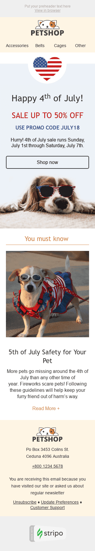 Independence Day E-Mail-Vorlage "Modischer Hund" für Haustiere-Branche Ansicht auf Mobilgeräten