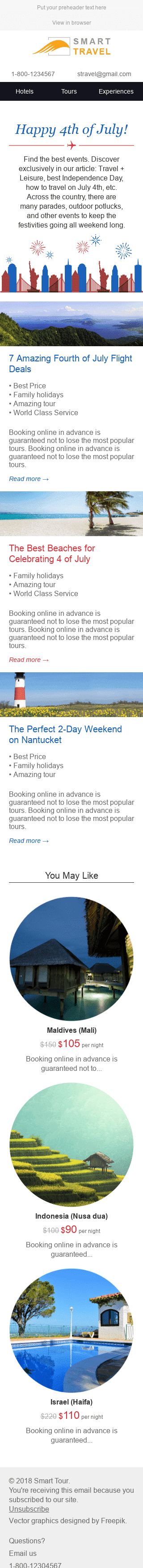 Modelo de E-mail de «Explore a América» de Dia da Independência para a indústria de Turismo Visualização de dispositivo móvel