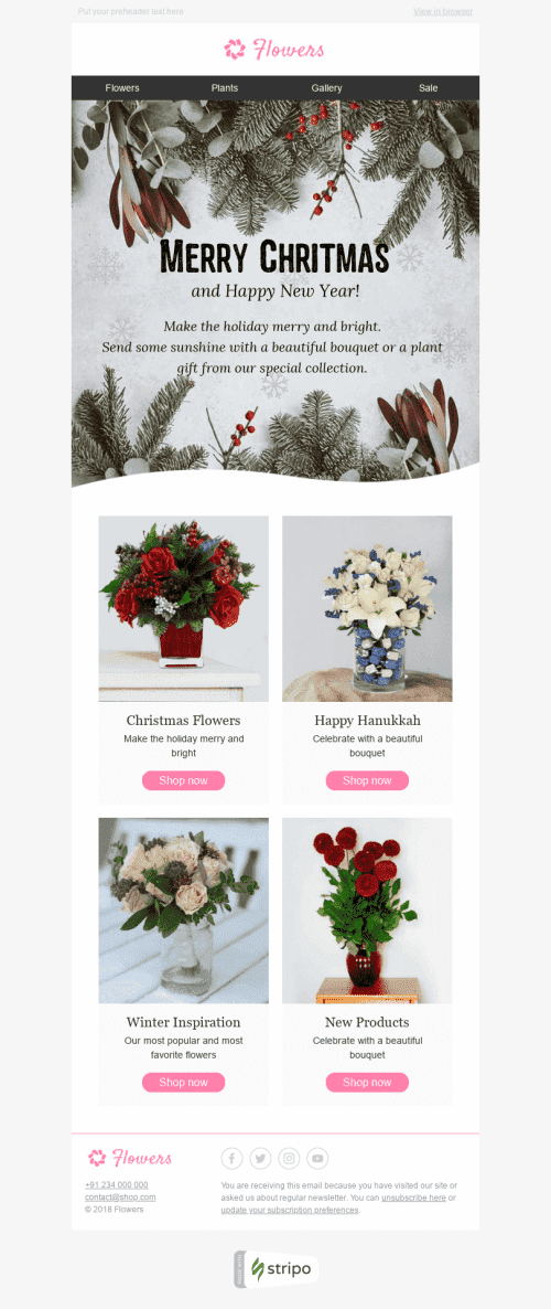 Modelo de E-mail de «Inspiração de Inverno» de Natal para a indústria de Presentes e Flores Visualização de desktop