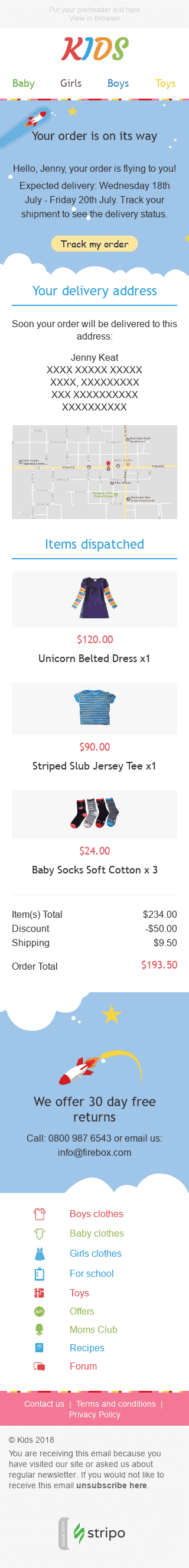 Шаблон письма о подтверждении заказа "Быстрая доставка" для индустрии "Дети" мобильный вид