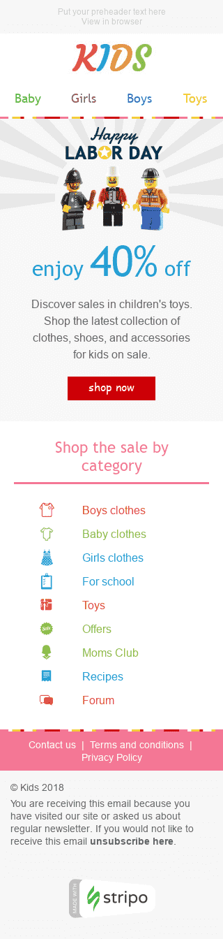 Plantilla de correo electrónico "Todo en rebajas" de Día del Trabajo para la industria de Productos para niños Vista de móvil