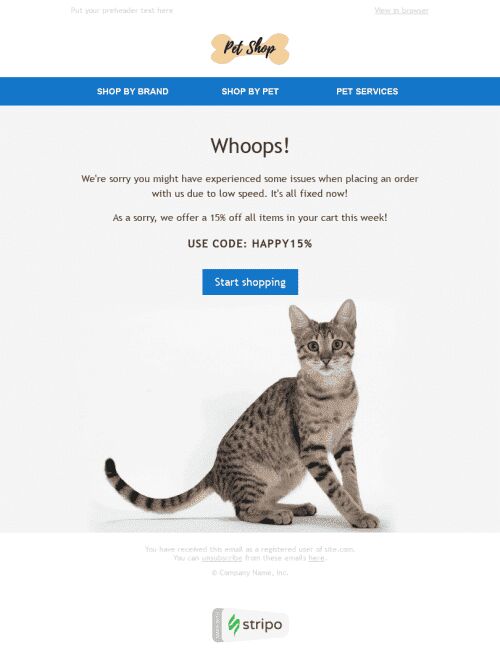 Modelo de E-mail de «Opa» de Desculpa para a indústria de Animais de estimação Visualização de dispositivo móvel