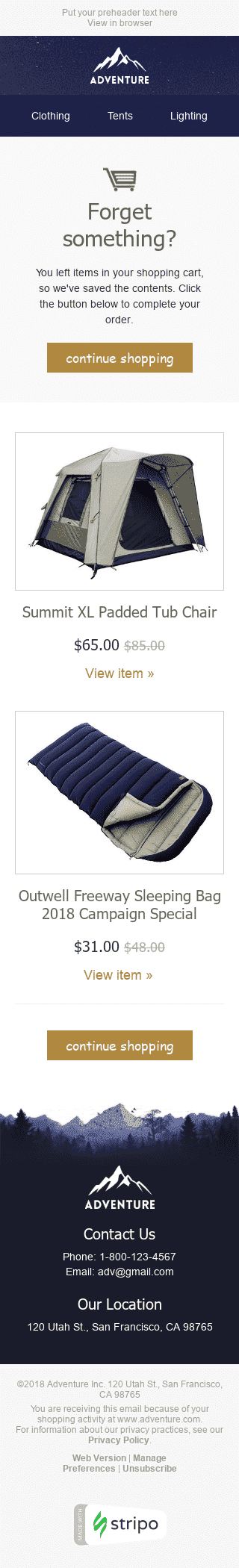 Modello Email Carrello abbandonato "Riposo confortevole" per il settore industriale di Turismo Visualizzazione mobile