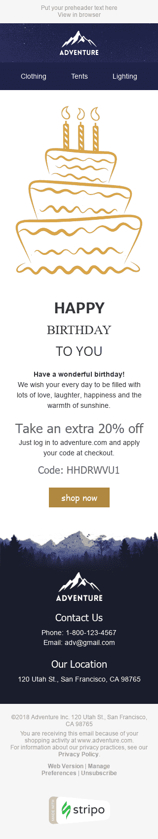 Modèle de courrier électronique Anniversaire "Bon gâteau" pour le secteur Tourisme Affichage mobile