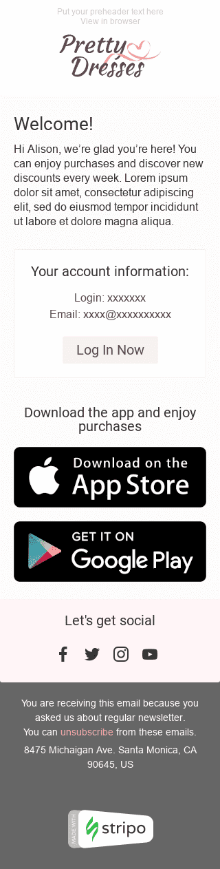 Шаблон письма с приветствием клиента после регистрации "Информация об аккаунте" для индустрии "Мода" мобильный вид